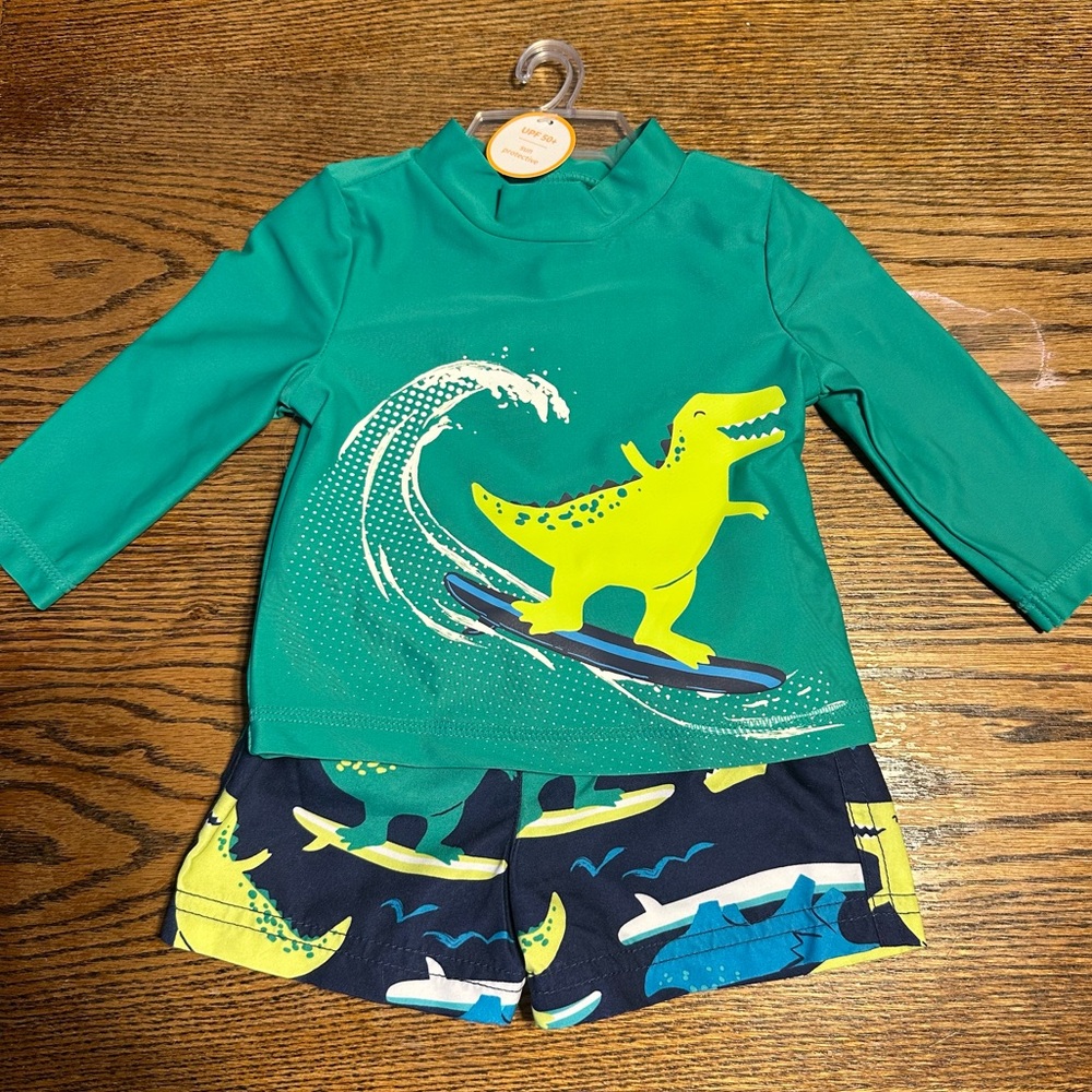 Carter's Green Rashguard Dinosaur trunks Swim Set size 3M